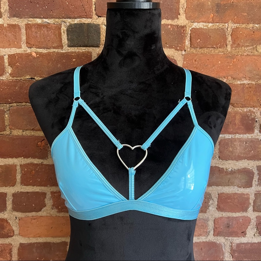 Blue Vinyl Bra with Metal Heart